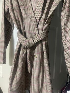 Plaid Mini Dress with Belt - Neutral/Tan with Pink Accent